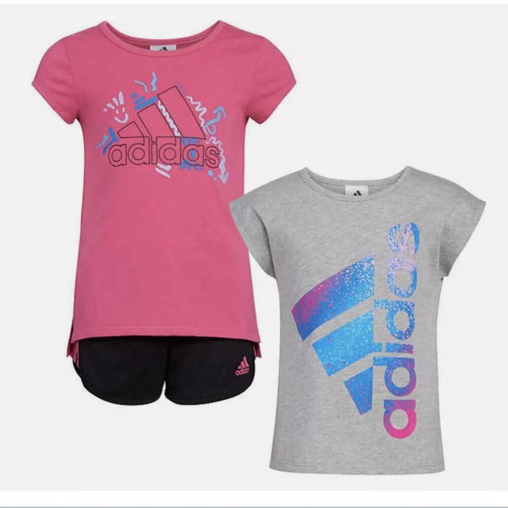 adidas Kids' 3-Piece Set ‎ Pink & Gray Tees& Black Shorts 4T